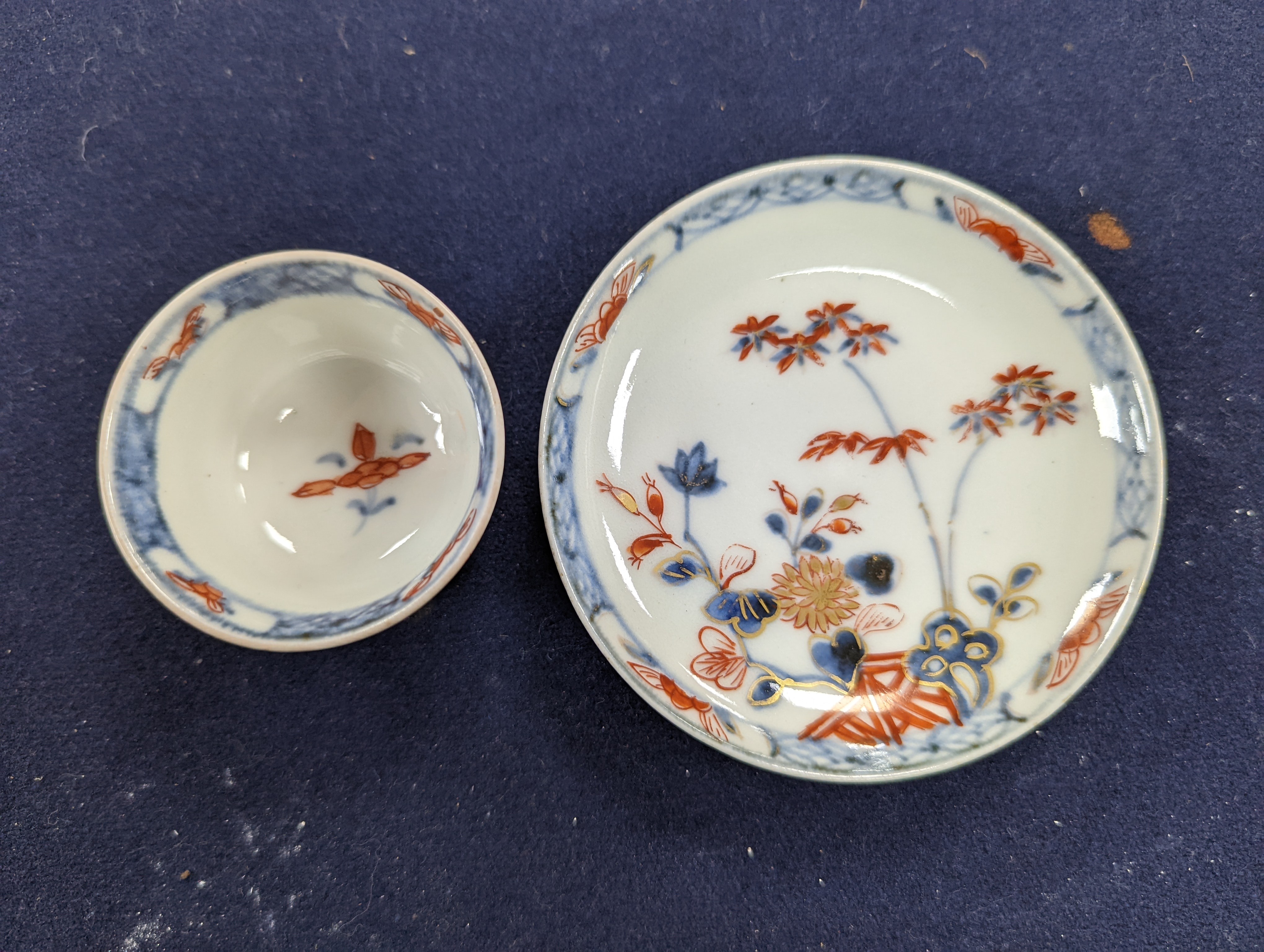 Six Chinese export porcelain teabowls and saucers, Kangxi to early Qianlong period. Provenance - Mona Sattin collection of miniature cups and saucers, collection no.s 310, 317, 324-326 and 328.